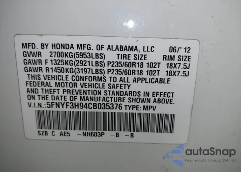 2012 Honda Pilot Touring из США, поврежденный, VIN 5FNYF3H94CB035376